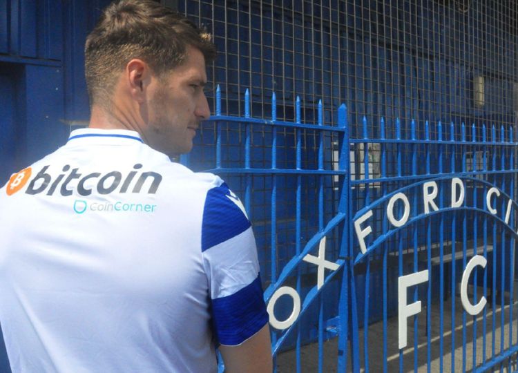 The Bitcoin logo on the back of the OCFC shirt. Source: CoinCorner
