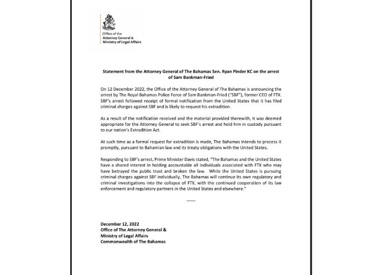 The letter announcing the arrest from the Bahamas Attorney General.
